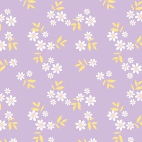 Delicate springtime meadow - flower garden with petals and blossom scandinavian minimalist style yellow white on lilac 