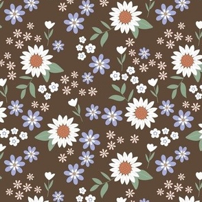 Wild flowers ditsy blossom tulips daisies and sunflowers vintage boho garden green lilac white on chocolate brown