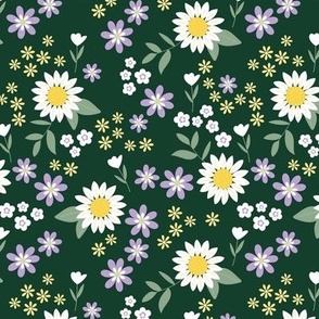 Wild flowers ditsy blossom tulips daisies and sunflowers vintage boho garden yellow lilac green sage on pine green