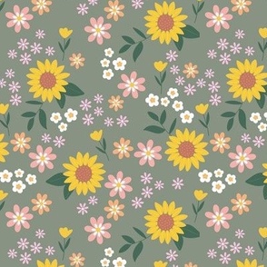 Wild flowers ditsy blossom tulips daisies and sunflowers vintage boho garden orange blush lilac yellow on olive green