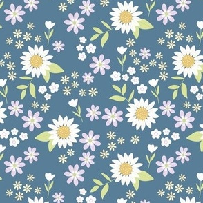 Wild flowers ditsy blossom tulips daisies and sunflowers vintage boho garden lilac lime green on moody blue