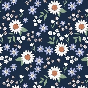 Wild flowers ditsy blossom tulips daisies and sunflowers vintage boho garden rust brown sage green lilac on navy blue