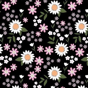 Wild flowers ditsy blossom tulips daisies and sunflowers vintage boho garden orange pink green on black