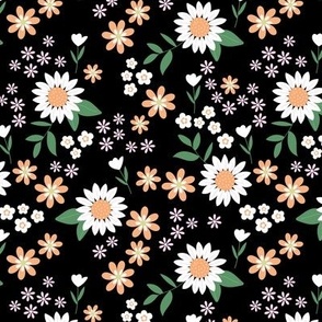 Wild flowers ditsy blossom tulips daisies and sunflowers vintage boho garden orange lilac green on black