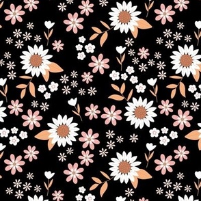 Wild flowers ditsy blossom tulips daisies and sunflowers vintage boho garden orange pink blush on black