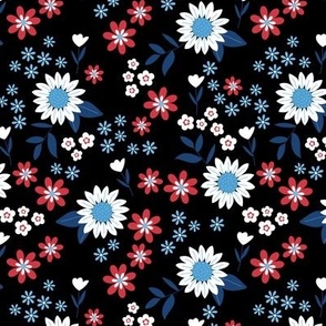 Wild flowers ditsy blossom tulips daisies and sunflowers vintage boho garden 4th of july patriot colors red blue navy on black