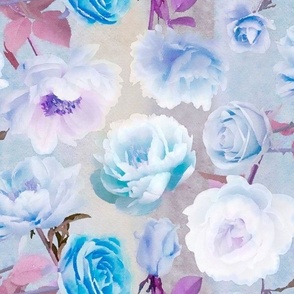 Blue Peonies and Roses on Blue and Grey Background Floral Watercolor Half Drop