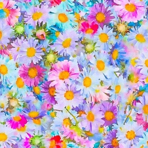 Pink and Blue Daisies Floral Watercolor Half Drop