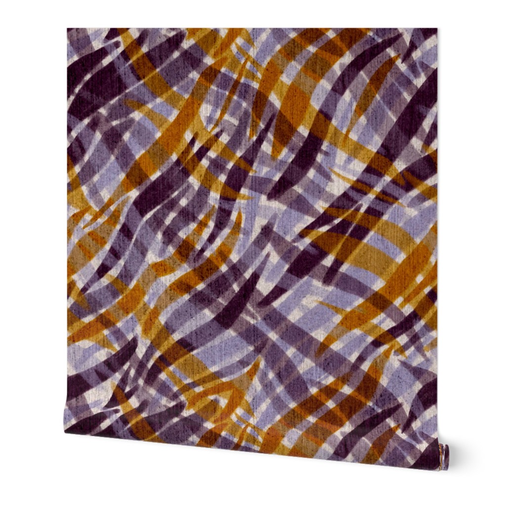 abstract criss cross  zebra stripes reimagined with linen overlay texture 12” repeat lilac, purple, copper orange on off white background background