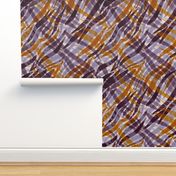 abstract criss cross  zebra stripes reimagined with linen overlay texture 12” repeat lilac, purple, copper orange on off white background background