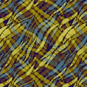 abstract criss crossed zebra stripes reimagined with linen overlay texture 6” repeat yellow, pale blue and brown on dark blue  background