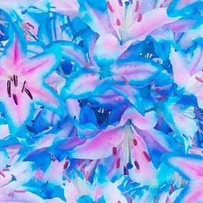 Blue and Pink Lilies Tropical Floral Watercolor Half Drop