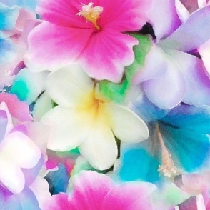 Pink and Blue Hibiscus and White and Lavender Plumeria Hawaiian Floral Watercolor Half Drop