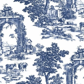 VINTAGE ENGLISH COUNTRYSIDE TOILE-BLUE WHITE COMBO