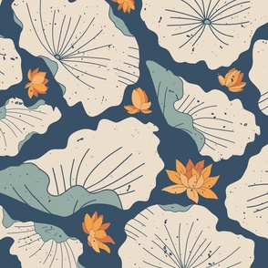 Lily pads and lotus flowers on deep blue (large)