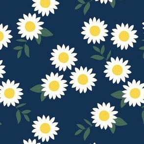 Wild flowers ditsy blossom daisies - boho vintage boho garden yellow white green on navy blue