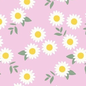 Wild flowers ditsy blossom daisies - boho vintage boho garden yellow white green on rose pink