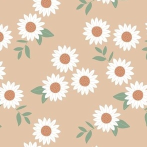 Wild flowers ditsy blossom daisies - boho vintage boho garden caramel green white beige