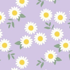 Wild flowers ditsy blossom daisies - boho vintage boho garden yellow white green on lilac purple