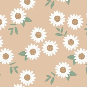 Wild flowers ditsy blossom daisies - boho vintage boho garden caramel green on tan beige