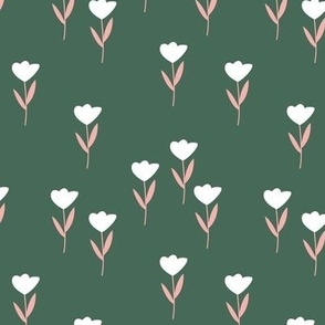 Little springtime tulips - vintage minimalist boho tulip garden design blush on forest green