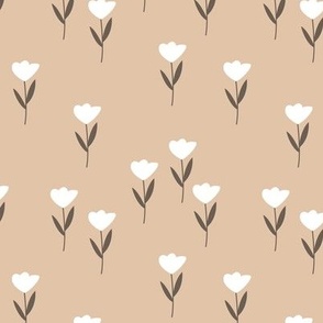 Little springtime tulips - vintage minimalist boho tulip garden design chocolate brown white on tan beige seventies vintage palette