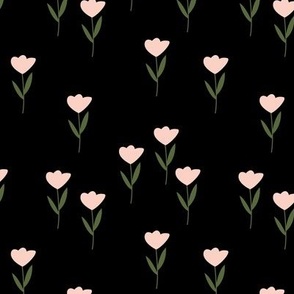 Little springtime tulips - vintage minimalist boho tulip garden design blush olive green on black