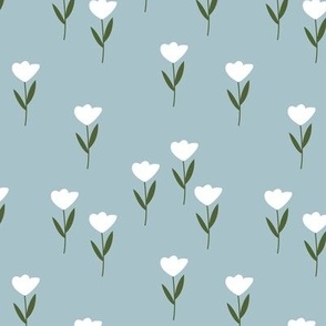 Little springtime tulips - vintage minimalist boho tulip garden design white pine green on moody blue sky