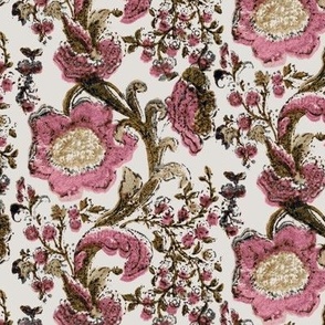 VINTAGE PAINTED FLORAL BLOCK PRINT-WHITE PINK COMBO