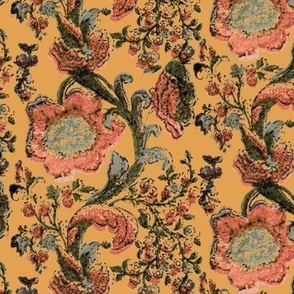 VINTAGE PAINTED FLORAL BLOCK PRINT-YELLOW GOLD PEACH COMBO