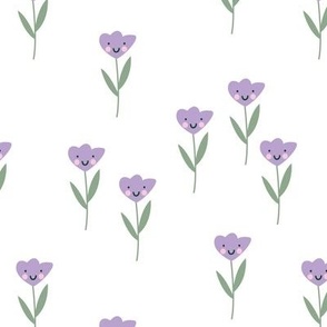 Smiley meadow kawaii tulips - happy flowers summer design for kids purple lilac olive green on white