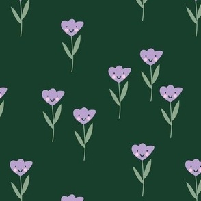 Smiley meadow kawaii tulips - happy flowers summer design for kids purple lilac sage green on pine