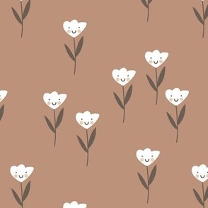 Smiley meadow kawaii tulips - happy flowers summer design for kids seventies brown cappuccino vintage palette