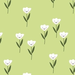 Smiley meadow kawaii tulips - happy flowers summer design for kids springtime white olive on lime green