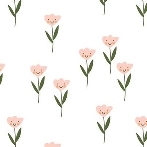 Smiley meadow kawaii tulips - happy flowers summer design for kids blush pink olive green on white