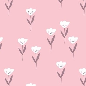 Smiley meadow kawaii tulips - happy flowers summer design for kids white berry on pink french girls palette