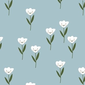 Smiley meadow kawaii tulips - happy flowers summer design for kids forest green white on moody blue sky