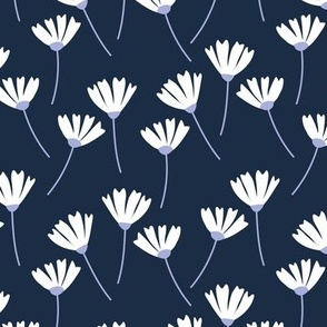 Floating daisies summer breeze blossom - minimalist retro whirling flowers morning meadow white periwinkle blue on navy