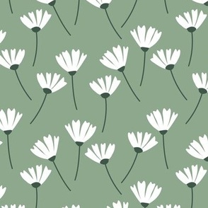 Floating daisies summer breeze blossom - minimalist retro whirling flowers morning meadow white pine on olive green