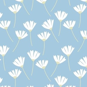 Floating daisies summer breeze blossom - minimalist retro whirling flowers morning meadow white ginger on baby blue