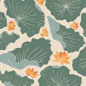 Lily pads and lotus flowers on beige (large)