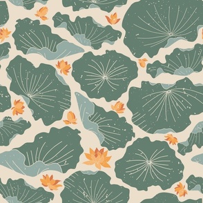 Lily pads and lotus flowers on beige (medium)