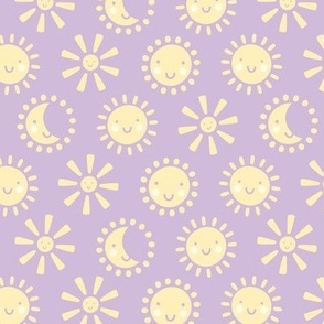 Boho kawaii sun and moon - sunny smiley day cute happy kids design vanilla yellow on lilac purple