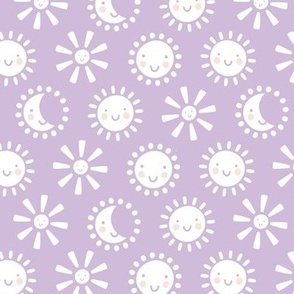 Boho kawaii sun and moon - sunny smiley day cute happy kids design white on lilac purple