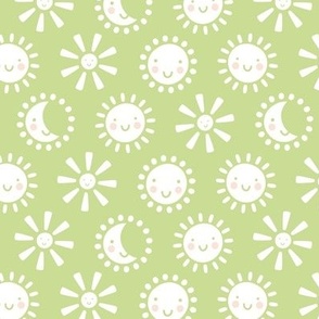 Boho kawaii sun and moon - sunny smiley day cute happy kids design white on lime green