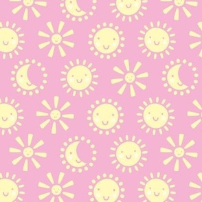 Boho kawaii sun and moon - sunny smiley day cute happy kids design vanilla yellow on pink 