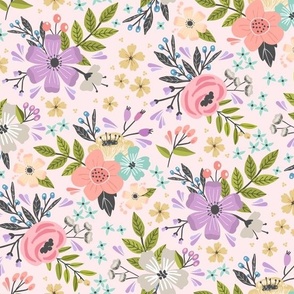 Floral Garden // Flower Fabric, Colorful Flowers – Shell Pink, medium scale, 12” repeat