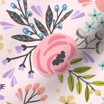 Floral Garden // Flower Fabric, Colorful Flowers – Shell Pink, large scale, 24" repeat