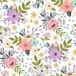 Floral Garden // Flower Fabric, Colorful Flowers – White, medium scale, 12" repeat