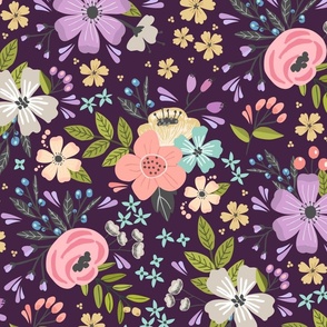 Floral Garden // Flower Fabric, Colorful Flowers – Dark Plum, large scale, 24” repeat